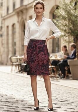 Loft, Ann Taylor Red/Black Floral Paisley Stretch Pencil Skirt 00 Dark Academia